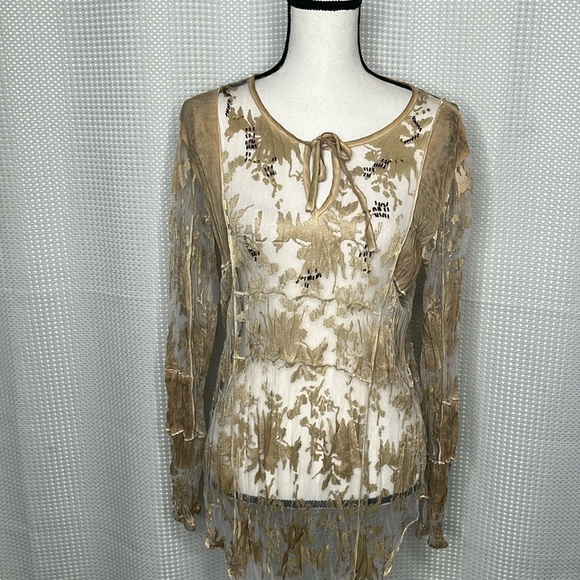 Alberto Makali Tops - Alberto Makali Sheer Blouse Mesh Lace Beaded Long Sleeve Ties at Neck Size Small